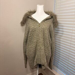 Spiegel  khaki tan brown full zip cardigan with faux fur collar